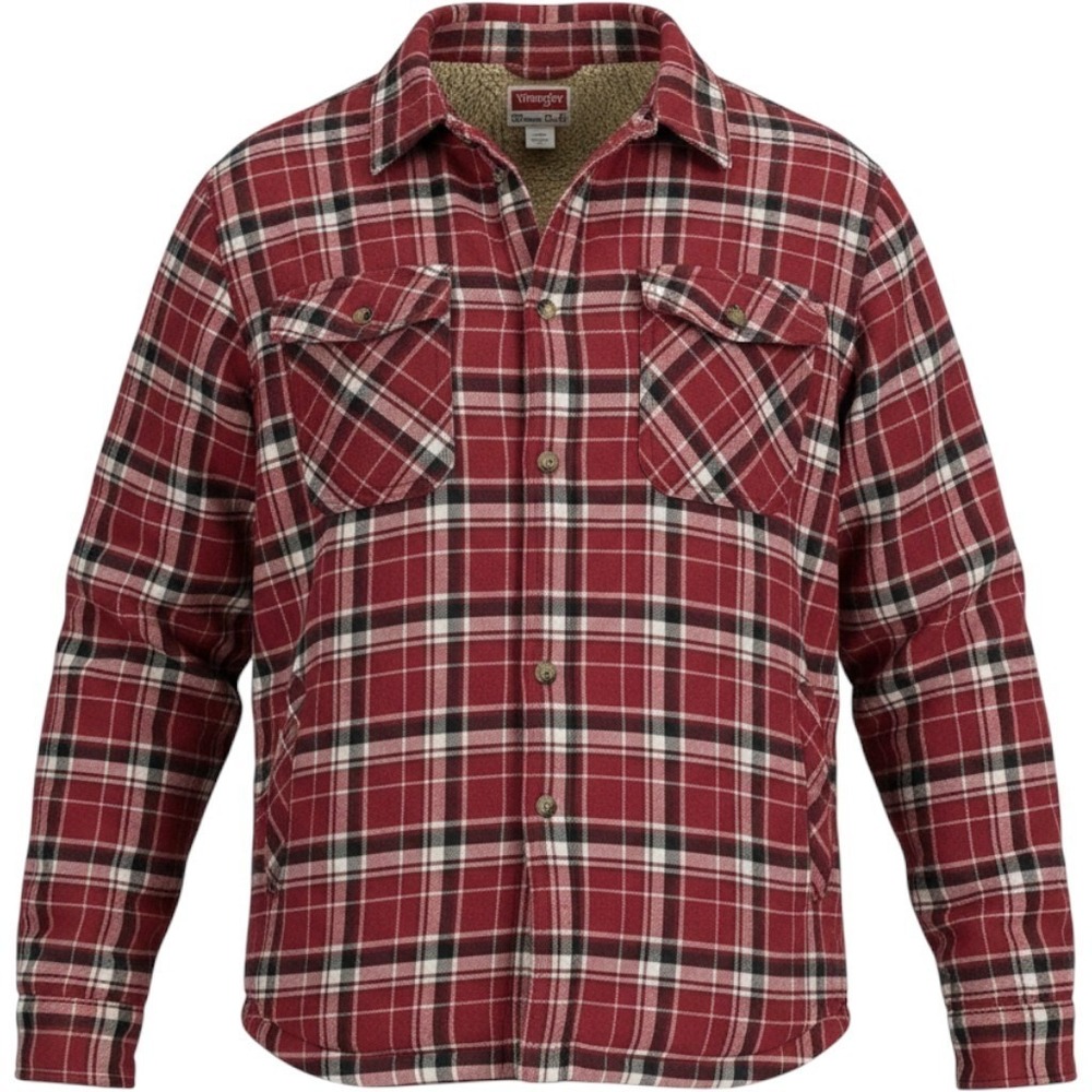 Wrangler Mens Large Sherpa Lined Flannel Shirt Jacket Red Plaid Heavyweight